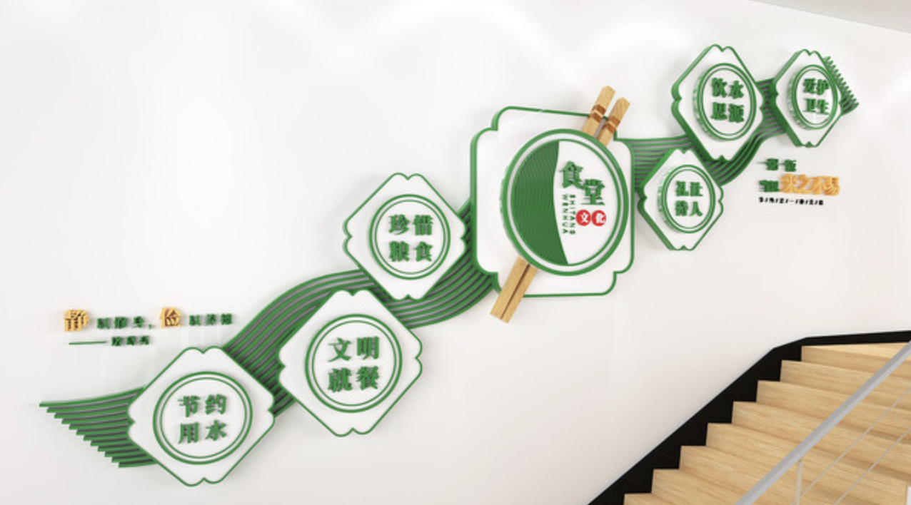 中國(guó)風(fēng)食堂社區(qū)綠色環(huán)保文化墻設(shè)計(jì)(圖3) 綠色珍惜糧食食堂樓梯文化墻