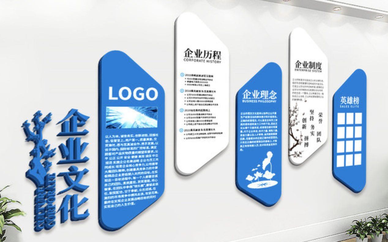 企業(yè)文化墻創(chuàng)意設(shè)計效果圖(圖2) 藍(lán)色公司企業(yè)發(fā)展歷程文化墻